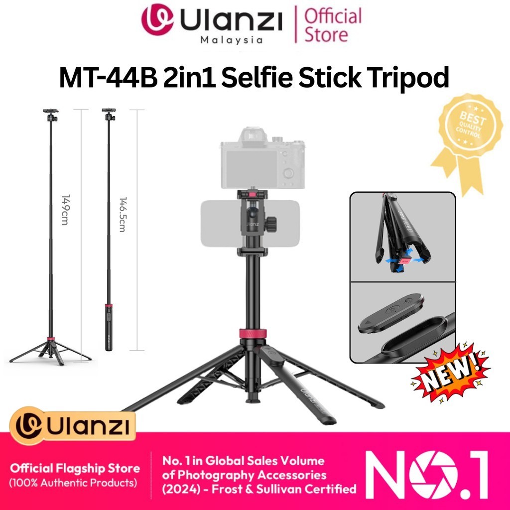 Ulanzi MT-44B 2nd Generation 2-in-1 Selfie Stick Tripod with Dual Camera Setup for Smartphone Mirrorless Camera S056
