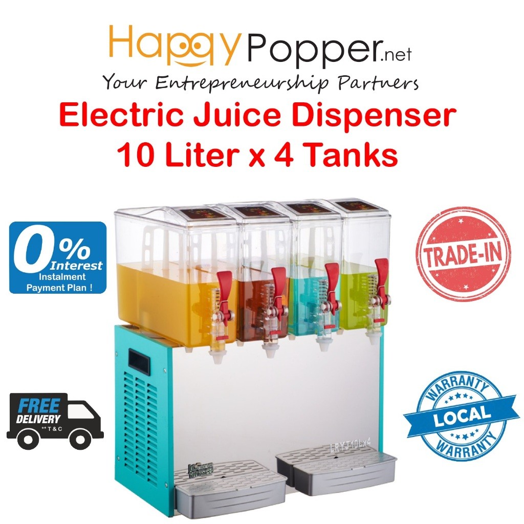 HAPPYPOPPER Commercial Mesin Fruit Juice Dispenser 10 Liter x 4 Tank Tanks Electric 10liter Cold Drink Machine