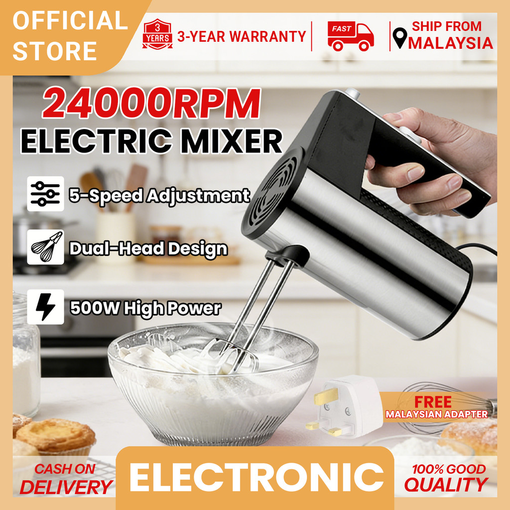 5 Speed Double Sticks Electric Egg Beater Hand Mixer 500W Power Dough Baking Whisk Mesin Pengadun Tepung with 2 Hooks