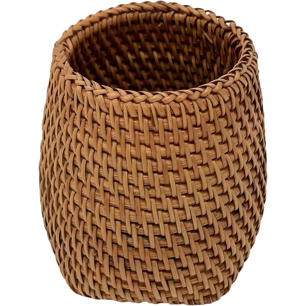 Pemegang Pen Rotan Buatan Tangan - Penyusun Rotan Buatan Tangan untuk Aksesori Meja, Berus Solek, Alat Kawalan Jauh - Kotak Penyimpanan 3.1" x 4" untuk Rumah, Sekolah, Pejabat – 1 Unit (Atas Bulat)