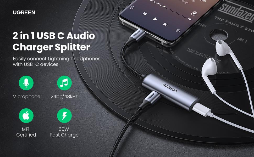 UGREEN USB C to Lightning MFi Headphone Earphones Adapter 60W PD