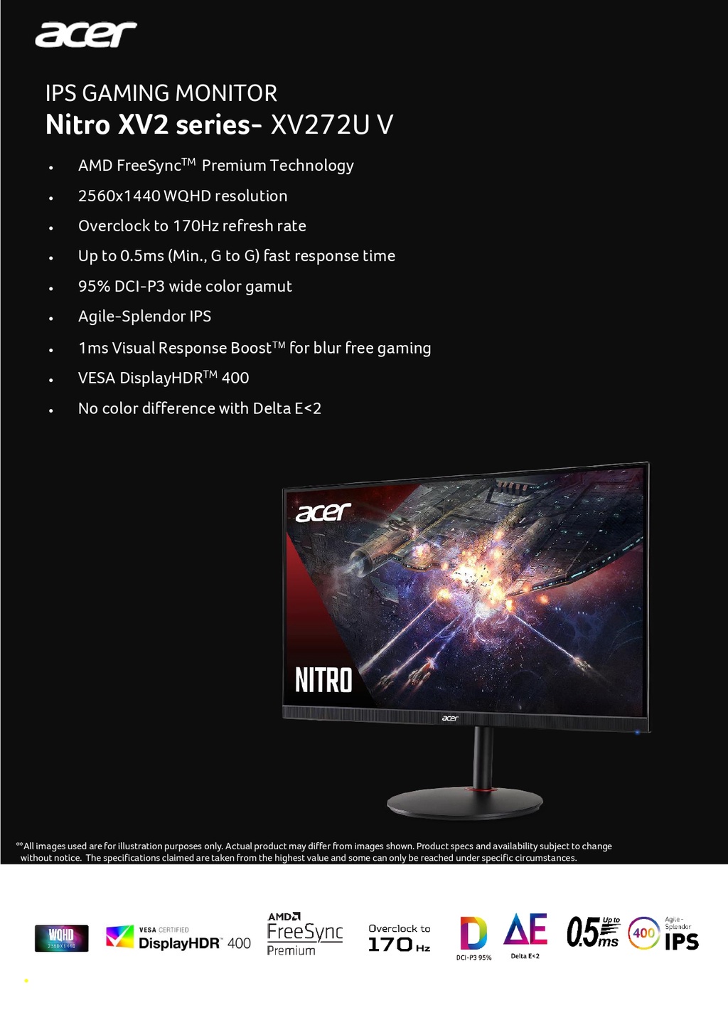 Acer Nitro XV272UV /XV272U V 27"inch | WQHD | IPS | 170Hz | 0.5Ms (2Ms ...