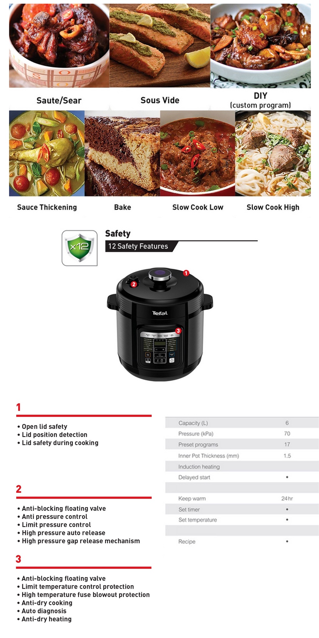 TEFAL MULTICOOKER PRESSURE COOKER HOME CHEF SMART 6L FAST COOK 1000W +  INNER POT (CY601D+XA622D)