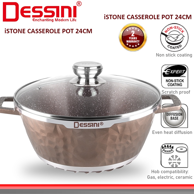 DESSINI ITALY iSTone IST-24 Granite Die Cast Aluminium Non Stick Casserole Pot Bowl Deep Fry Pan Cookware Tool (24cm)
