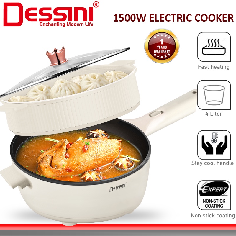 DESSINI ITALY Electric Cooker Steamboat Hot Pot Non Stick Frying Wok Pan Rice Cooker with Steamer Periuk Masak Elektrik