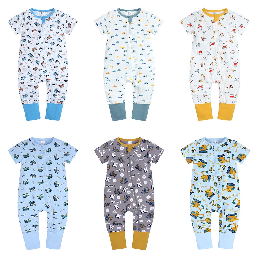 Kids Tales Summer Baby Short-Sleeved Cotton Jumpsuit, Newborn Printed Double-Zipper Jumpsuit, Unisex Car Print Crawling Clothes For 0-3 Year Old [Stock Available in Malaysia]