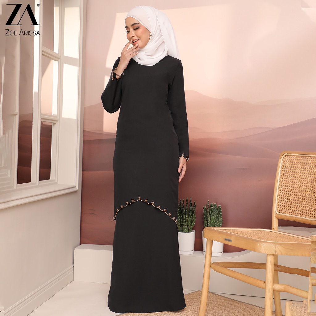 ZOE ARISSA BAJU KURUNG MODEN RAYA HAJI 2024 SATIN SILK Kurung Sulam Embroidery Labuh Plain Design Ironless ORKED Kurung