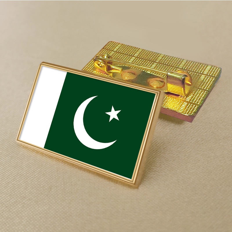 Pakistani flag pin 2.5*1.5cm zinc alloy die-cast PVC colour coated gold rectangular medallion badge without added resin