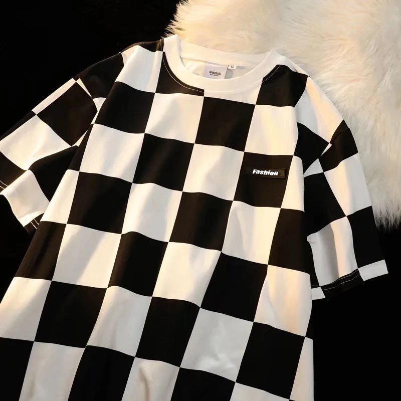 TWOOEE Casual thick ice silk checkerboard short sleeve T-shirt men's new summer basic white shirt men baju t shirt lelaki