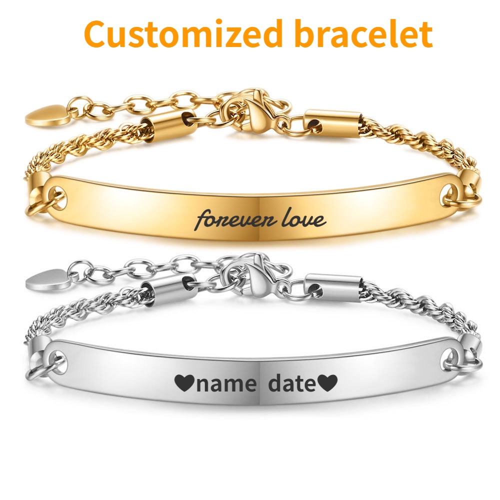 Custom Name Jewelry 5MM Stainless Steel ID Bar Bracelet Personalized Text Bangle Women Gifts