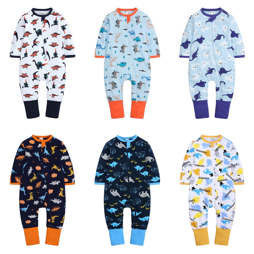 Kids Tales Baby Long-Sleeved Cotton Jumpsuit, Newborn Double-Zipper Pajamas, Unisex Dinosaur Print Crawling Clothes For 0-3 Year Old Sleepwear Wrap Hands And Feet