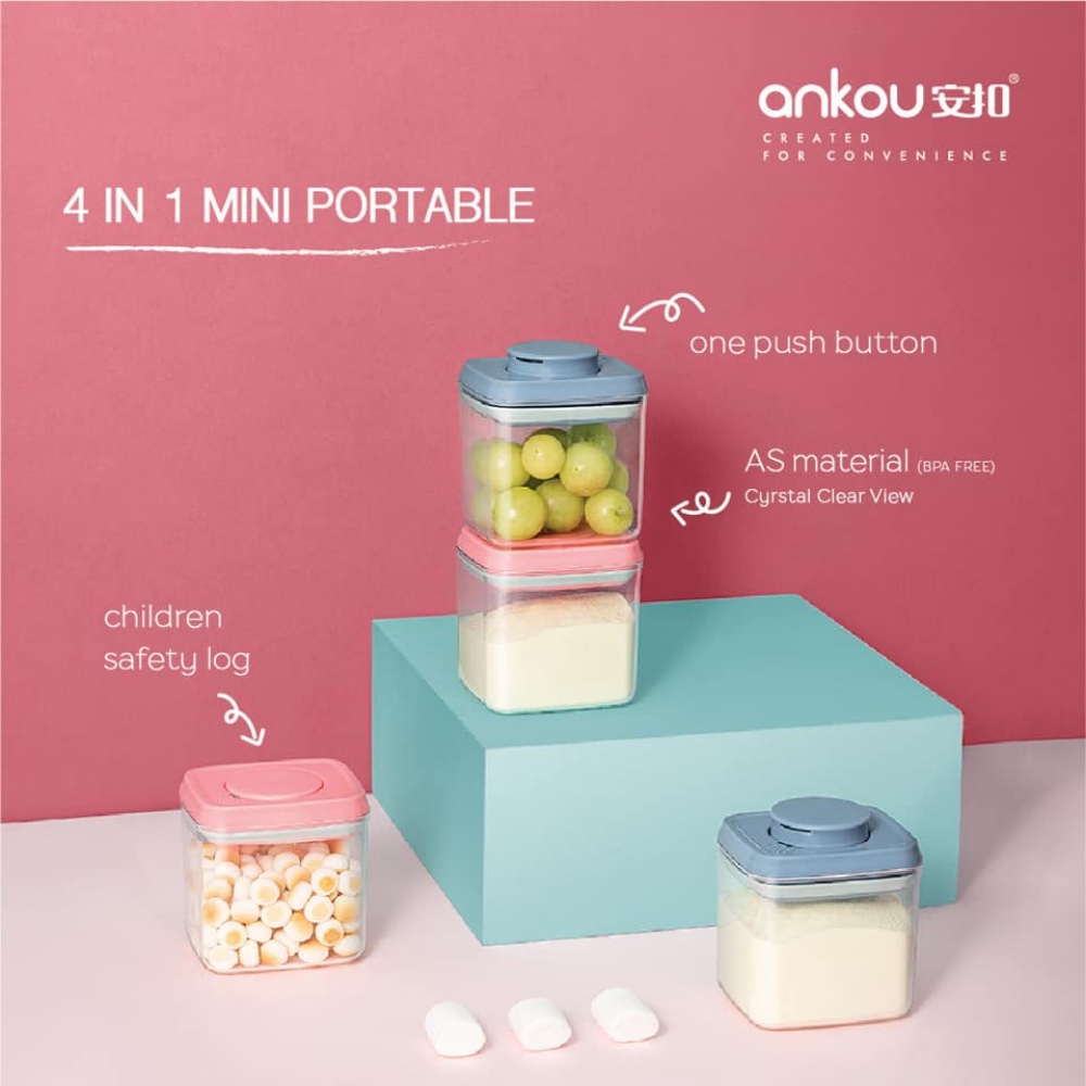 Ankou Airtight Container Set - (380ml 4 Pcs) Stackable One Button Openning  Food Containers for Snacks Candy Salt Herbs Spices BPA-Free Tranparent