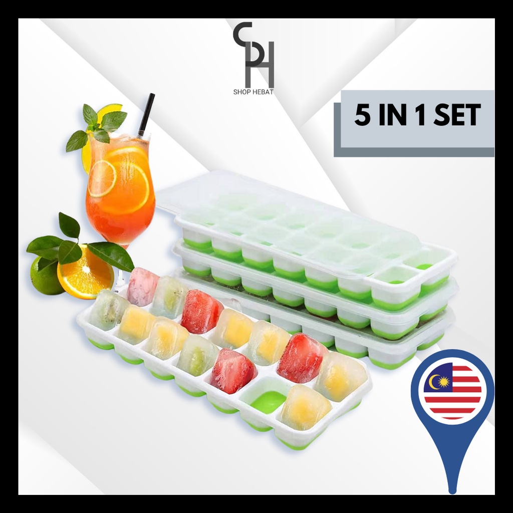 HEBAT👍14 HOLES SILICONE MR.DIY ICE CUBE TRAY With Cover BABY FOOD Maker Mold Tray Containers BPA FREE Pembuat Ais Batu