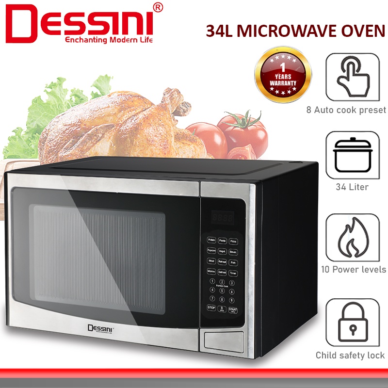 DESSINI ITALY 34L Countertop Digital Microwave Oven 10Power Level Defrost Reheat Toaster Roaster Ketuhar Gelombang Mikro