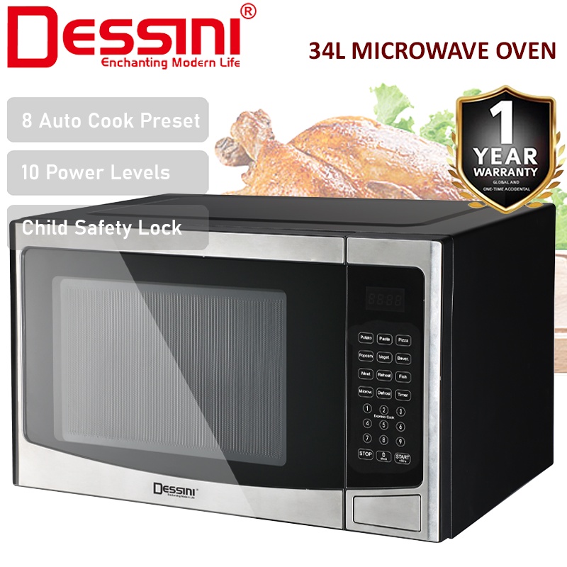 DESSINI ITALY 34L Countertop Digital Microwave Oven 10Power Level Defrost Reheat Toaster Roaster Ketuhar Gelombang Mikro