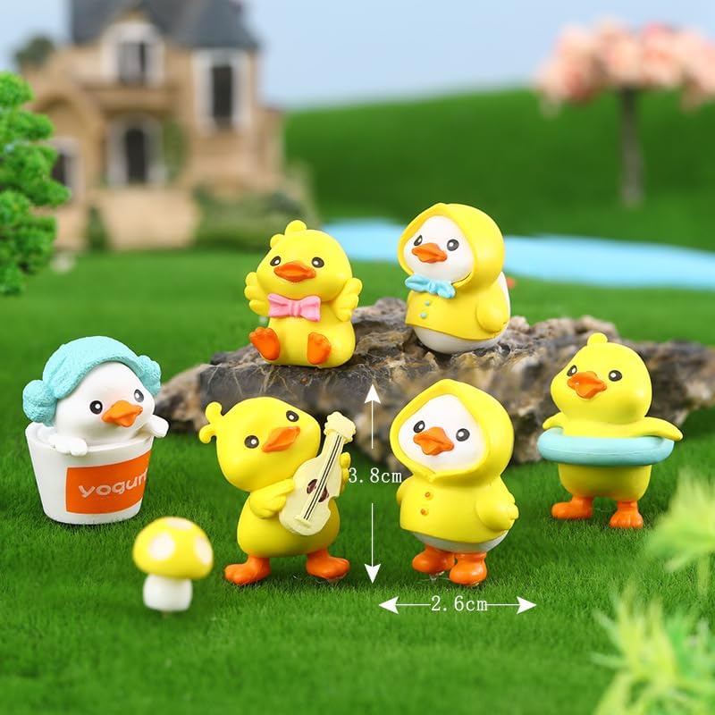 6Pcs Mini Yellow Duck Figurines with Raincoat Guitar Swim Ring Miniature Duck Mushrooms Cake Toppers Fairy Garden Collection Playset for DIY Moss Landscape Terrarium Crafts