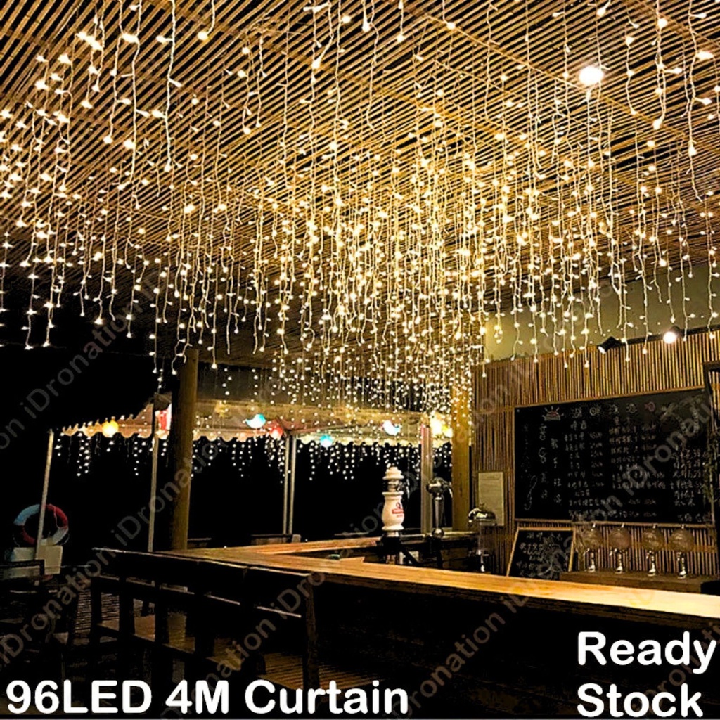 Indoor Outdoor 96LED 4M Drop Icicle Curtain Fairy String Light Party Hanging Backdrop Deco Decoration Lampu Raya Hiasan