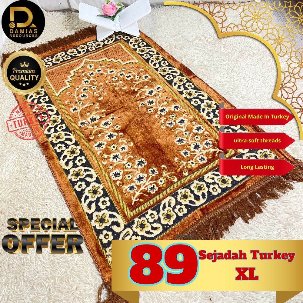 Sejadah Turki Sulam mewah mudah dibasuh dan tidak luntur warna bersaiz 115CM x 70 CM +/- Muslimm Prayer Rug