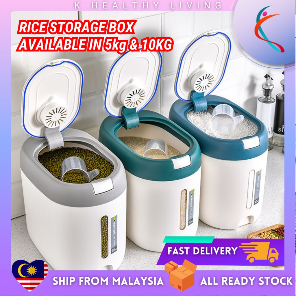 【READY STOCK】Bekas Beras Household Kitchen Rice Dispenser 5-10KG Large Capacity Rice Grain Bucket Rice Storage With Cup