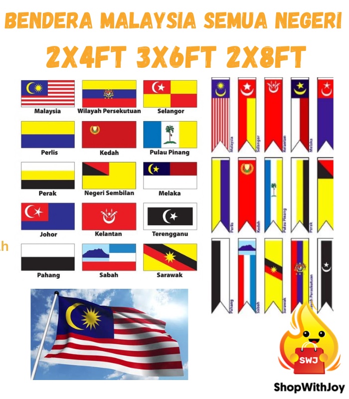 【ShopWithJoy】Merdeka Sales Malaysia Flag Bendera Malaysia Bendera Negeri Bendera States Flag Bendera 2x4ft 3x6ft 2x8ft