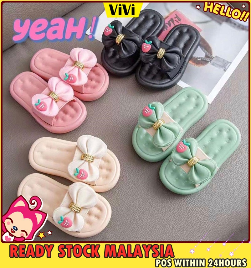 ViVi Girl's Ribbon Slides Slippers Shoes Casual Kids Sandal Cute Twins Selipar Kasut Budak Perempuan 童鞋 (1636)