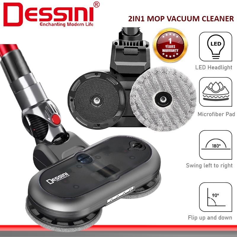 DESSINI ITALY Tornado PRO Electric Spray Mop Vacuum Cleaner Head Attachment LED Spin Sweeper Microfiber Brush Vakum