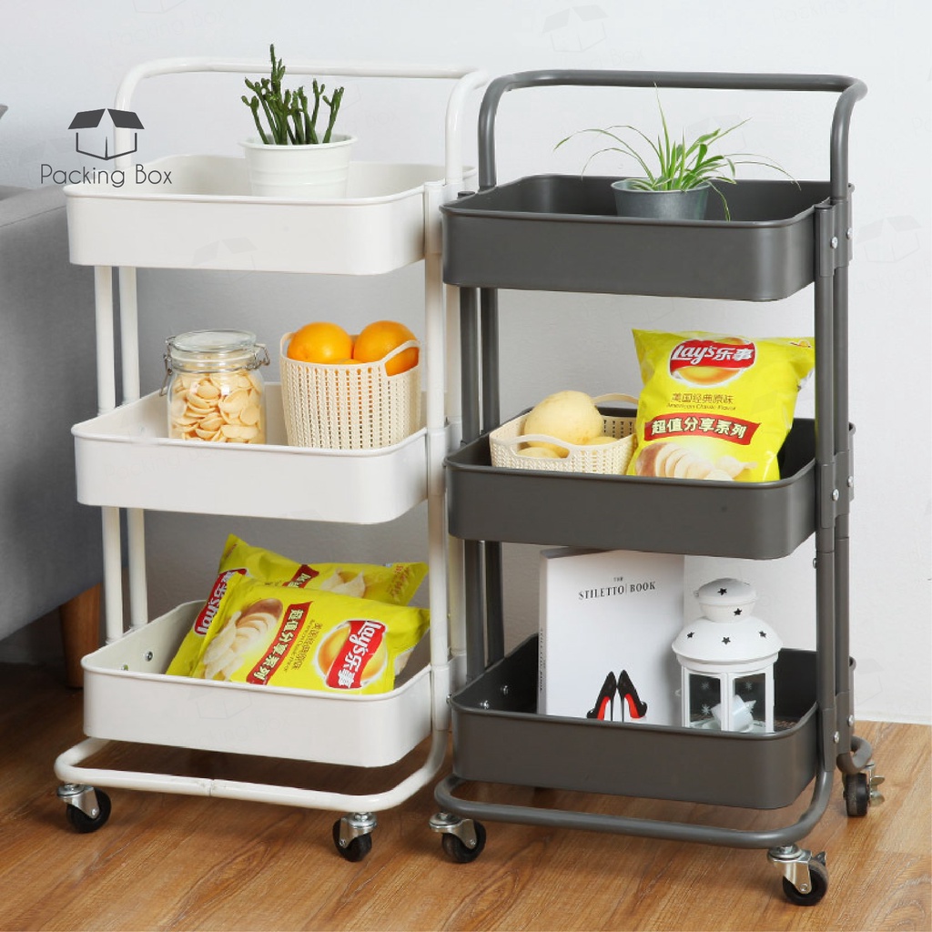 PKB 3 Tier Multi-functional Metal Trolley PP Tray Storage Rack Office Shelves Book Shelving Toys Storage