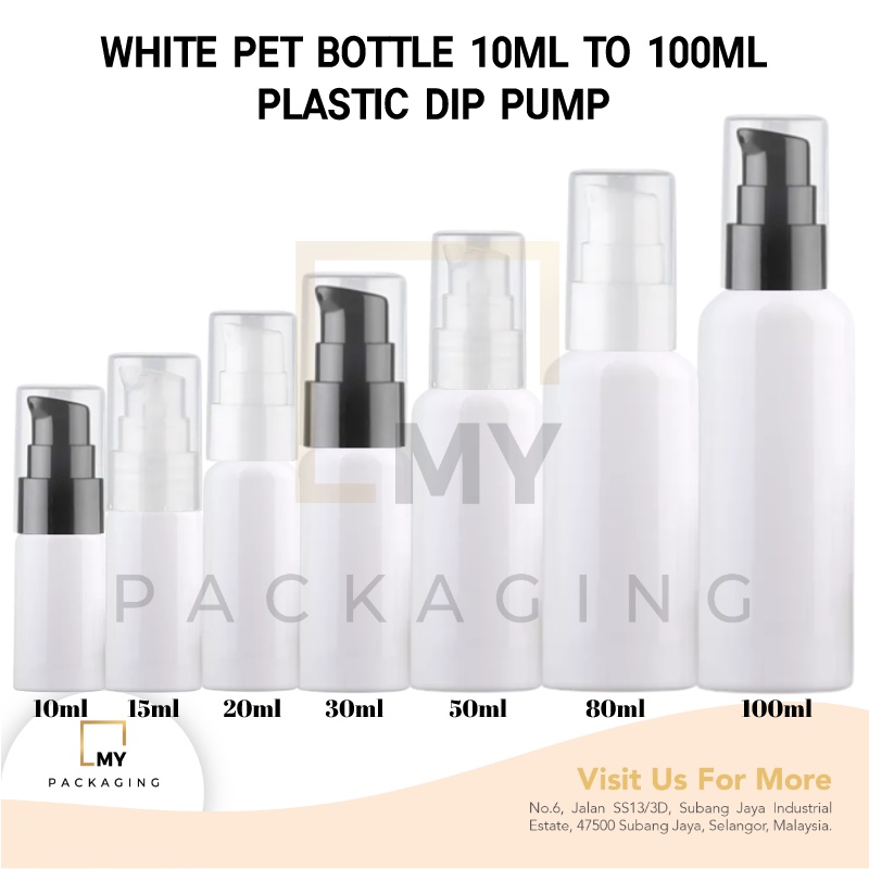 White Pet Bottle 10ml to 100ml with Plastic Dip Pump for toner shower shampoo and beauty products cosmetic bottle