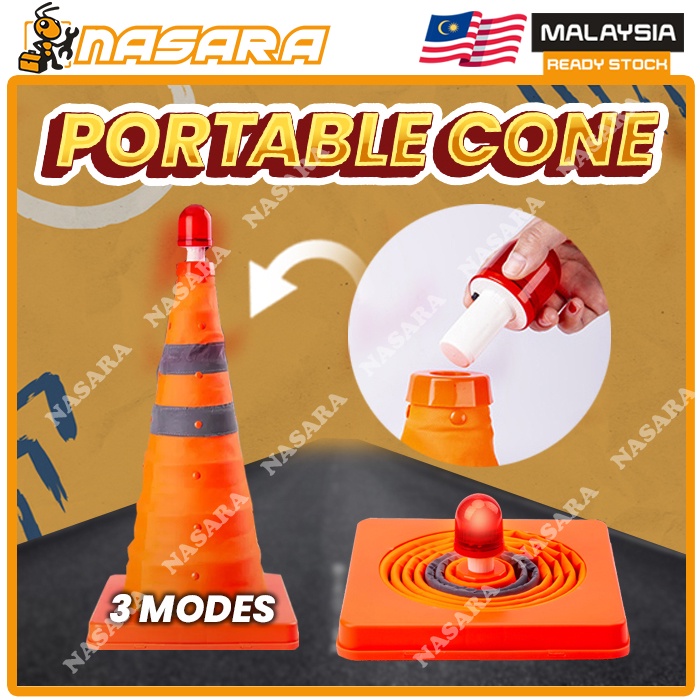 NASARA ~ [60CM] PORTABLE EXPANDABLE FOLDABLE SAFETY TRAFFIC ROAD CONE REFLECTIVE with WARNING LIGHT/ KON KESELAMATAN