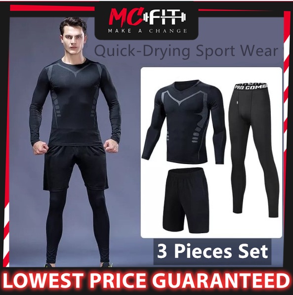 MCFIT Swimming 3 Pcs Suits Men Long Sleeve Fitness Gym Quick Dry Clothing  Baju Renang Set Bundle Swim Pant 泳装套装