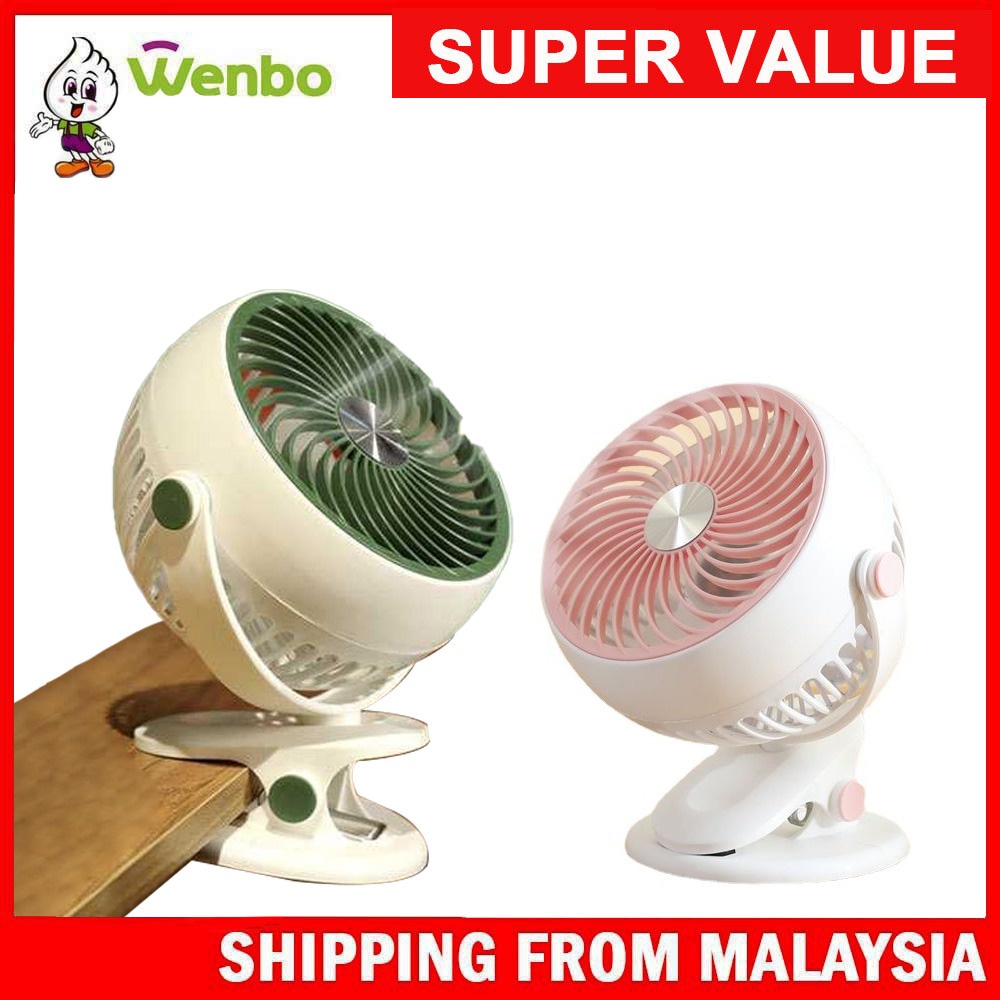 Wenbo Portable Mini Clip Fan Baby Stroller Office Table 720° Spin USB Charge with LED Light