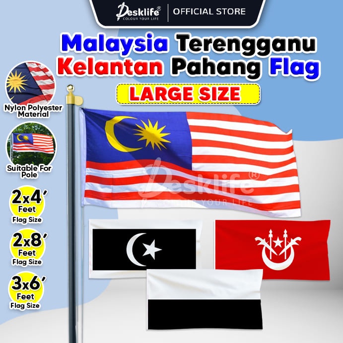 Desklife 2x4/2x8/3x6 Bendera Malaysia Merdeka Jalur Gemilang Flag Polyester Bendera Pahang Terengganu Kelantan - (1/Pcs)