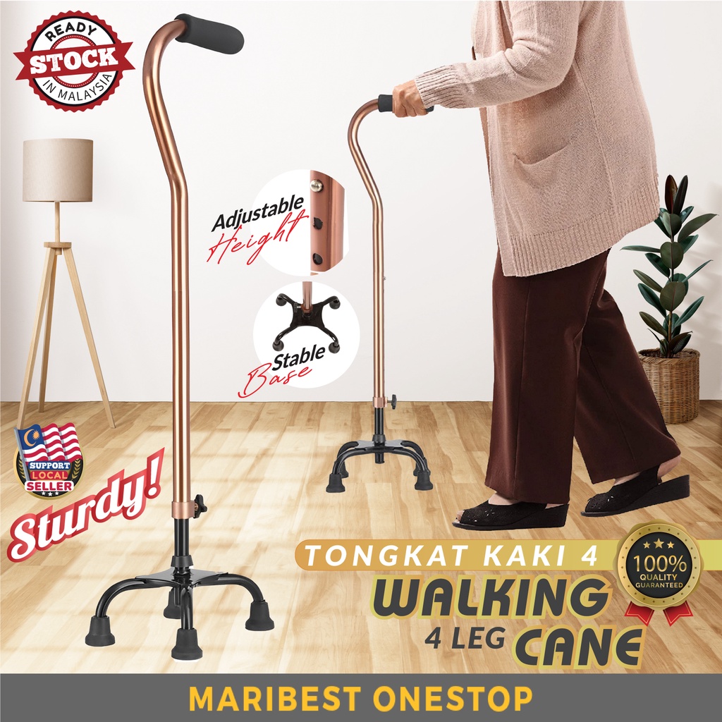 Tongkat Kaki 4 Orang Tua Sakit Warga Emas Elderly Walking Aid Adjustable Stick Aluminium Quad Cane Crutches Rubber Leg