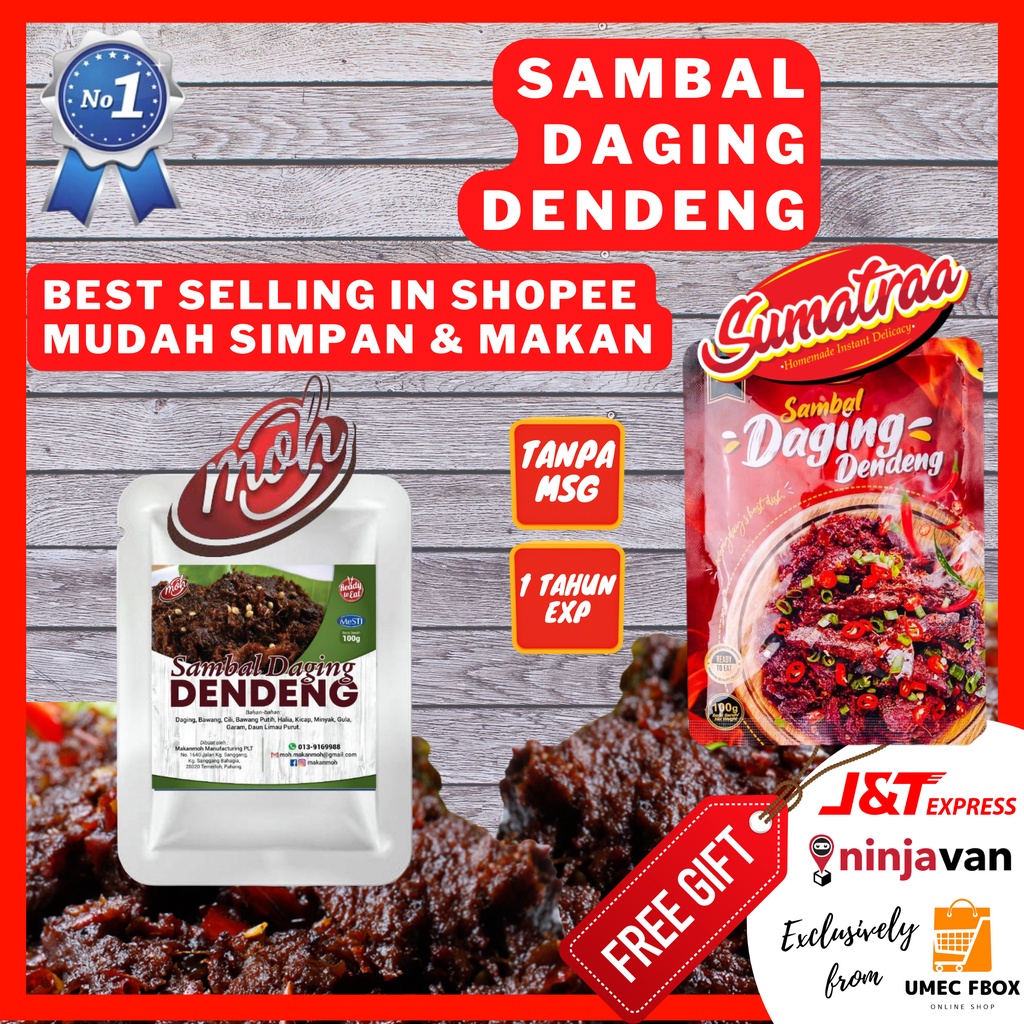 Sambal Daging Dendeng MAKANMOH & SUMATRAA RENDANG AYAM, SAMBAL KERANG Travel READY STOCK 100g Muslim