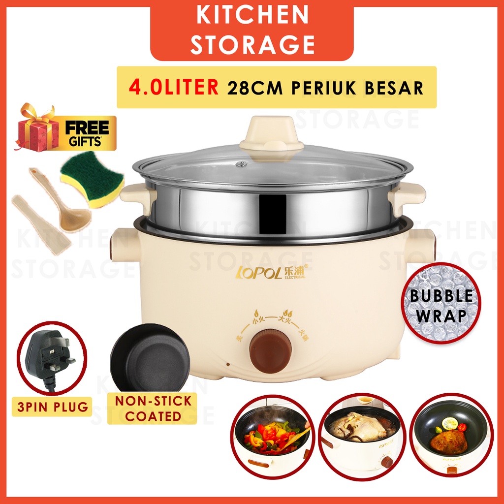 KS 4L 28CM Periuk Nasi Serbaguna Besar Electric Non Stick Ceramic Frying Pan Rice Mini Rice Cooker Multicooker Steamer