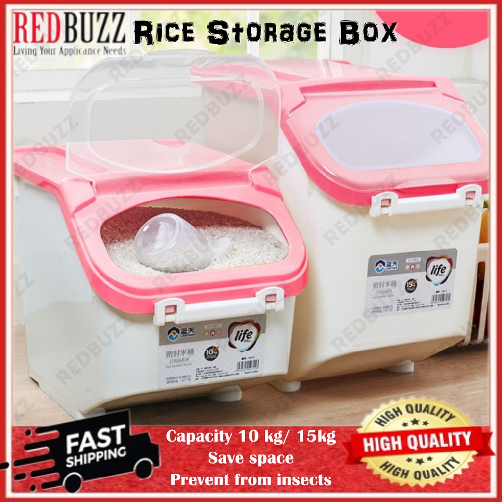 REDBUZZ 10KG/15KG Rice Storage Box / Food Container with Wheels and Stackable Rice Container Bucket Rice Dispenser