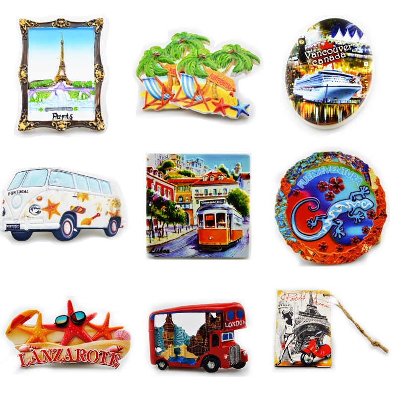 Creative 3D Resin Magnetic Refrigerator Magnets UK London Bus Fridge Magnets Eiffel Tower Landmark Travel Souvenir Tropical Style Gift