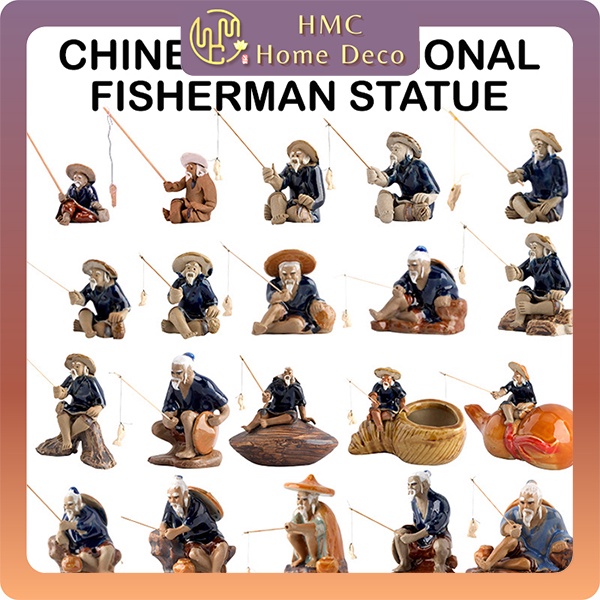 HMC Chinese Traditional Fisherman Porcelain Statue Ceramic Figurine Bonsai Aquarium Mountain Home Decoration