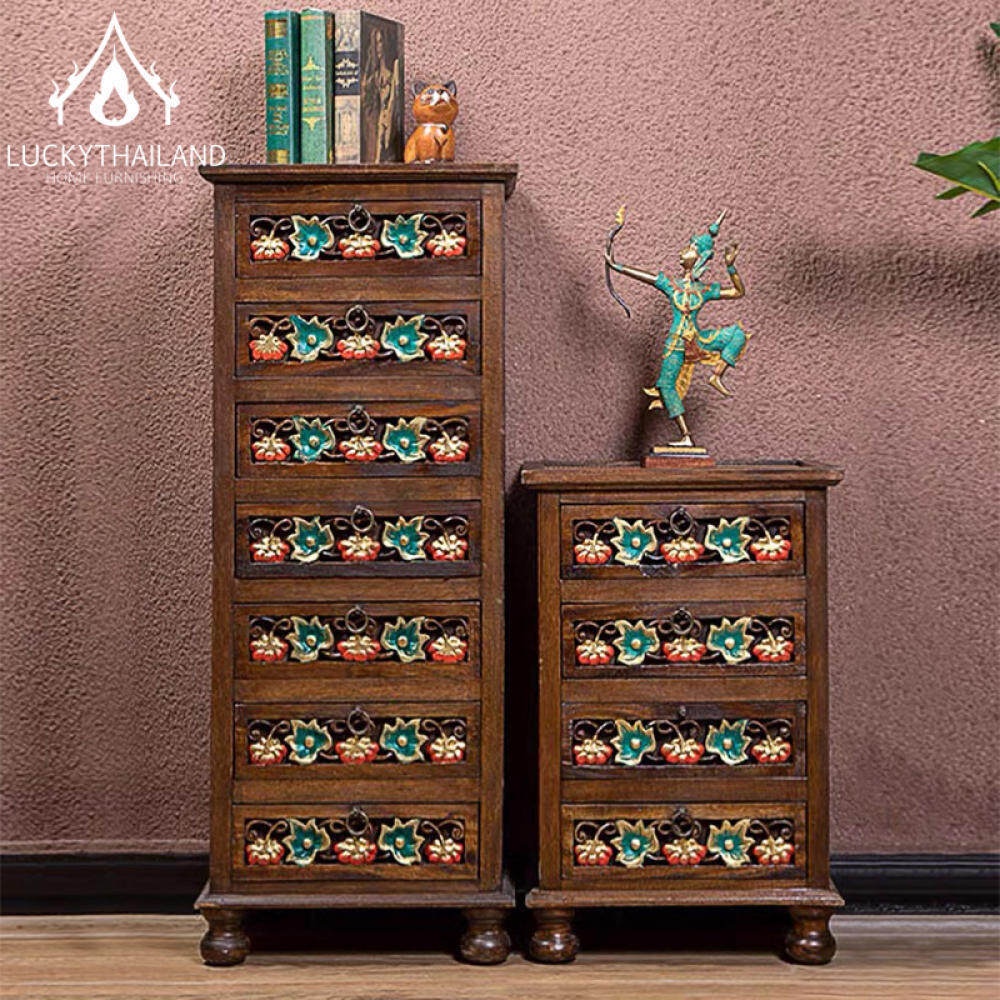 Hand Carved Drawer Nightstand Storage Tower Storage Bedroom Hallway Entrance Closet Wooden Counter Organizer