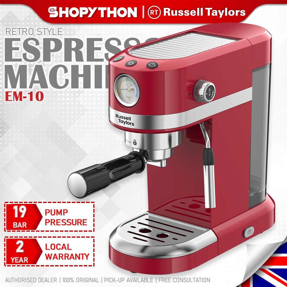 RUSSELL TAYLORS Espresso Machine EM-10 - Red (1.4L/1350w) 19 Bar Pressure Adjustable Milk Frother Wand Retro Design