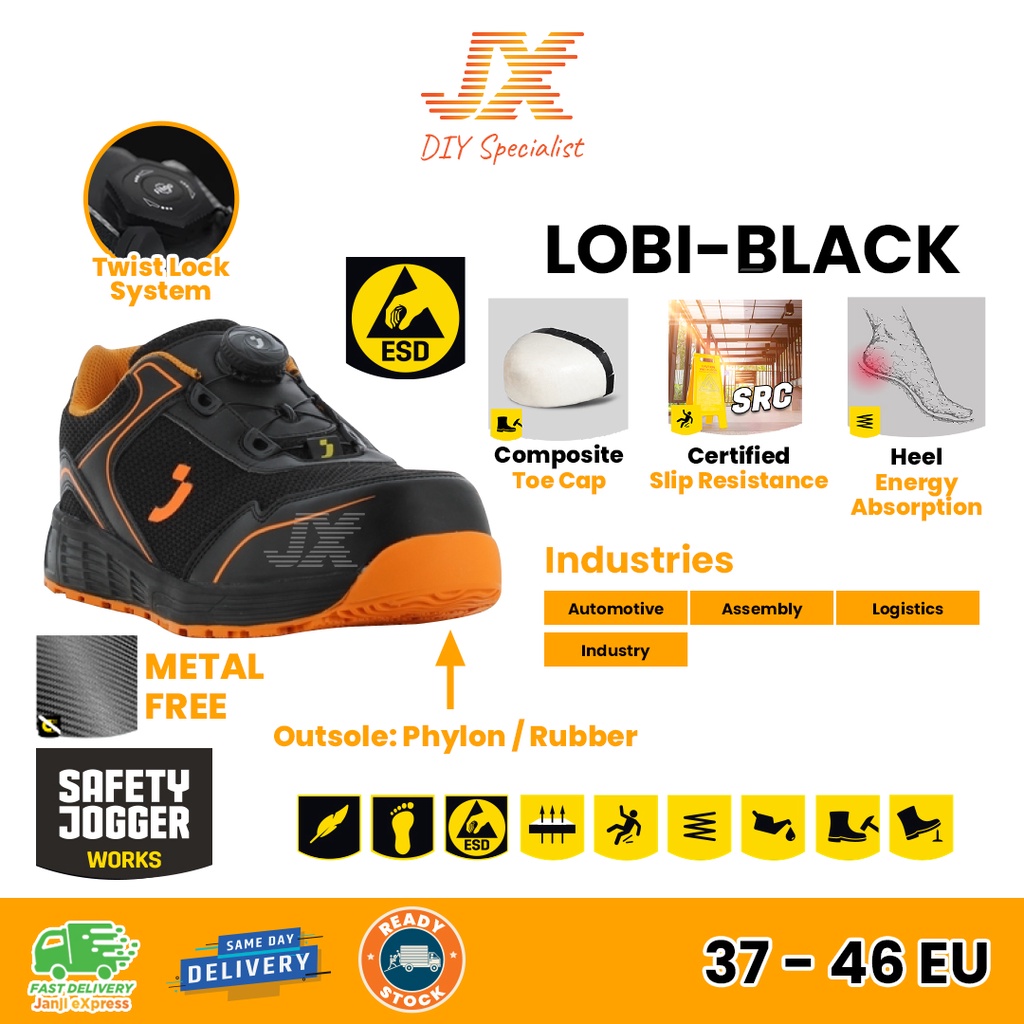 SAFETY JOGGER LOBI S1P Low TLS Twist Lock ESD Safety Shoes Composite Toecap Lightweight Metal Free Kasut Keselamatan 安全鞋