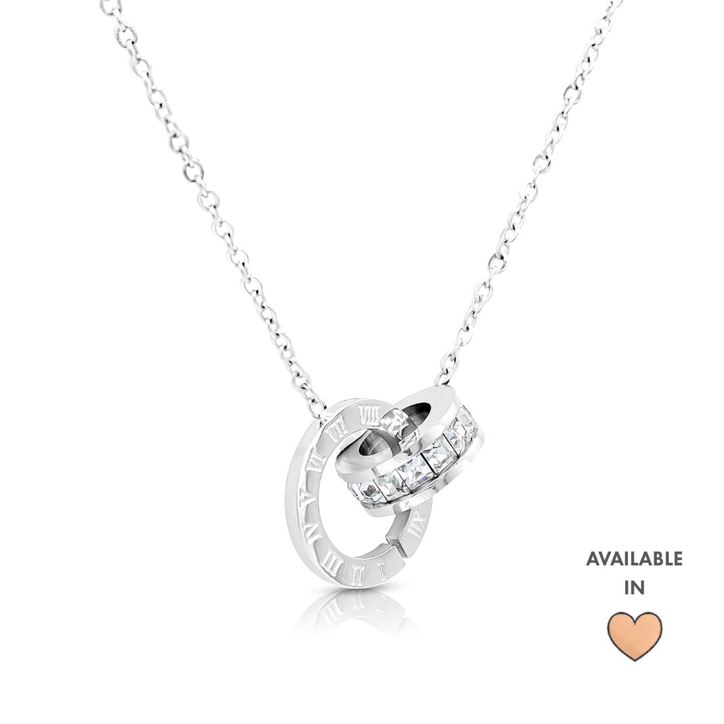 SO SEOUL Valeria Roman Numeral Round and Circle Diamond Simulant Cubic Zirconia Interlocking Pendant Chain Necklace