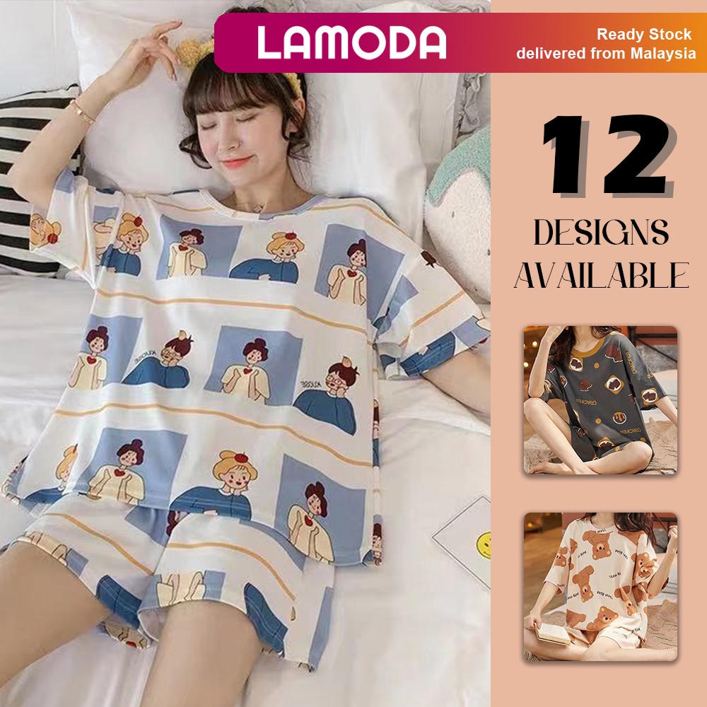 [M-2XL][Lamoda]FARRAH Short Sleeve Cute Pyjamas Women Baju Tidur Wanita Pajamas Women Nightwear Sleepwear Women Set 短袖女睡