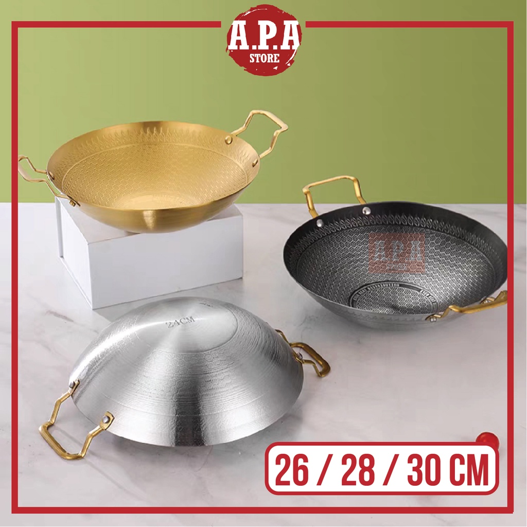 APA Honeycomb Wok Round Bottom Non Stick Stainless Steel Grill Deep Fry Cookware Kuali Emas Masak Tak Melekat 不粘炒锅