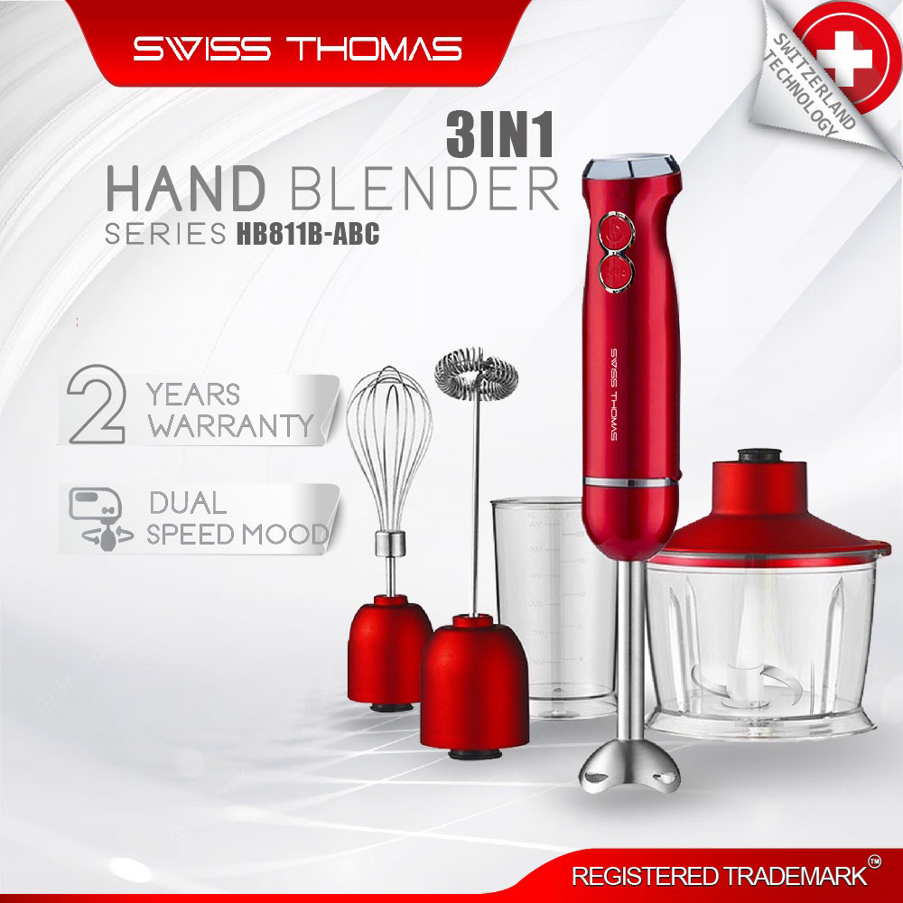 SwissThomas 3 in 1 Hand Blender Mixer Meat Grinder Milk Frother Whisker Food Chopper Grinder (1200W) HB811B