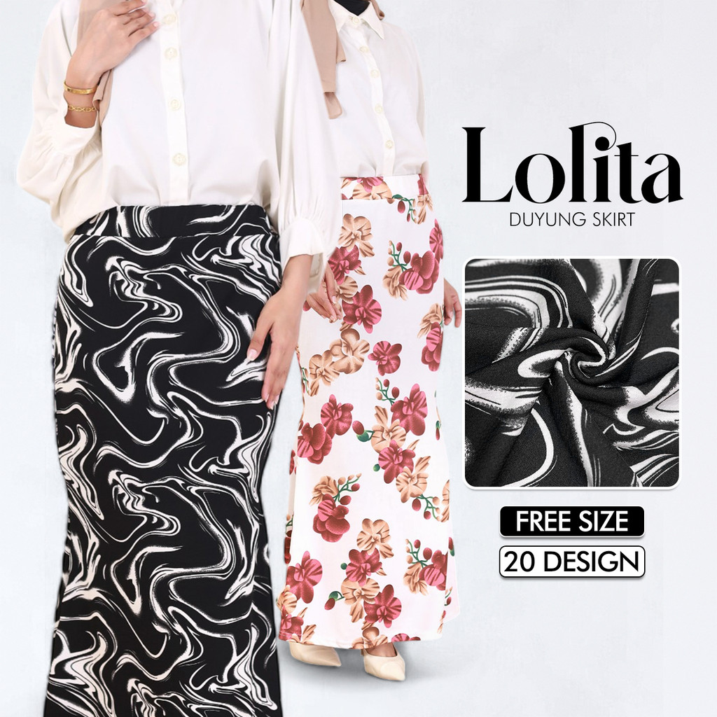 KM Lolita Muslimah Fully Printed Mermaid Elastic Ready Stock Free Women Size Pencil Duyung Skirt Panjang Wanita [S14731]