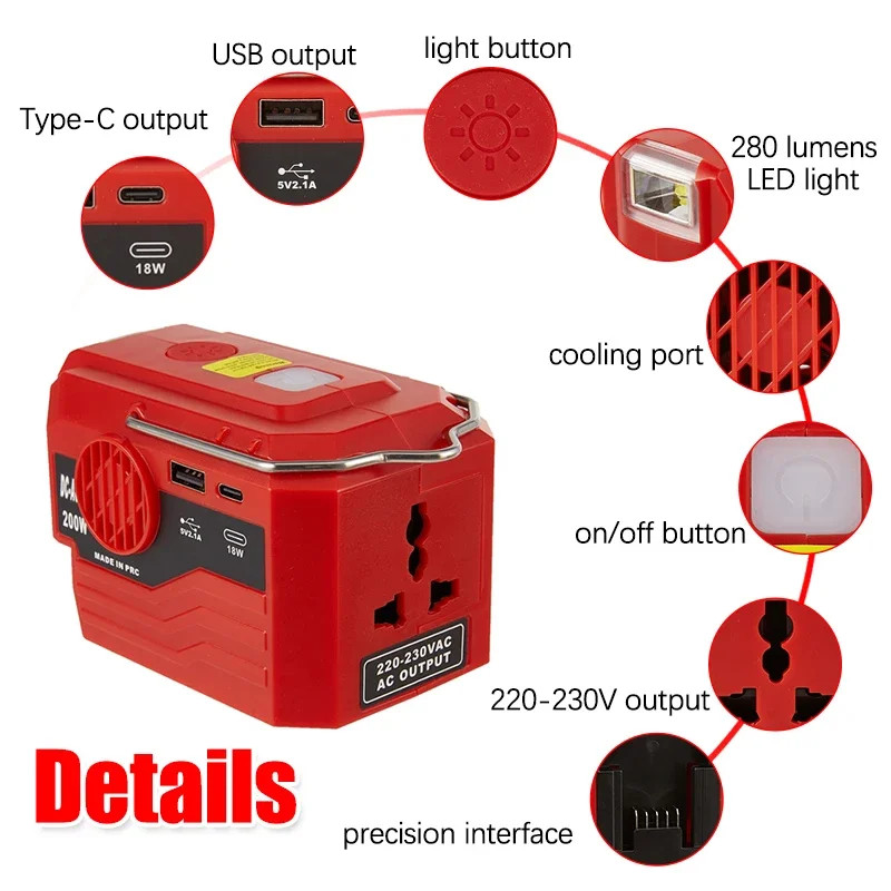 200W Power Inverter 220V Outdoor Lithium Battery Inverter For Makita For DeWalt For Milwaukee For Bosch 18V-20V Battery