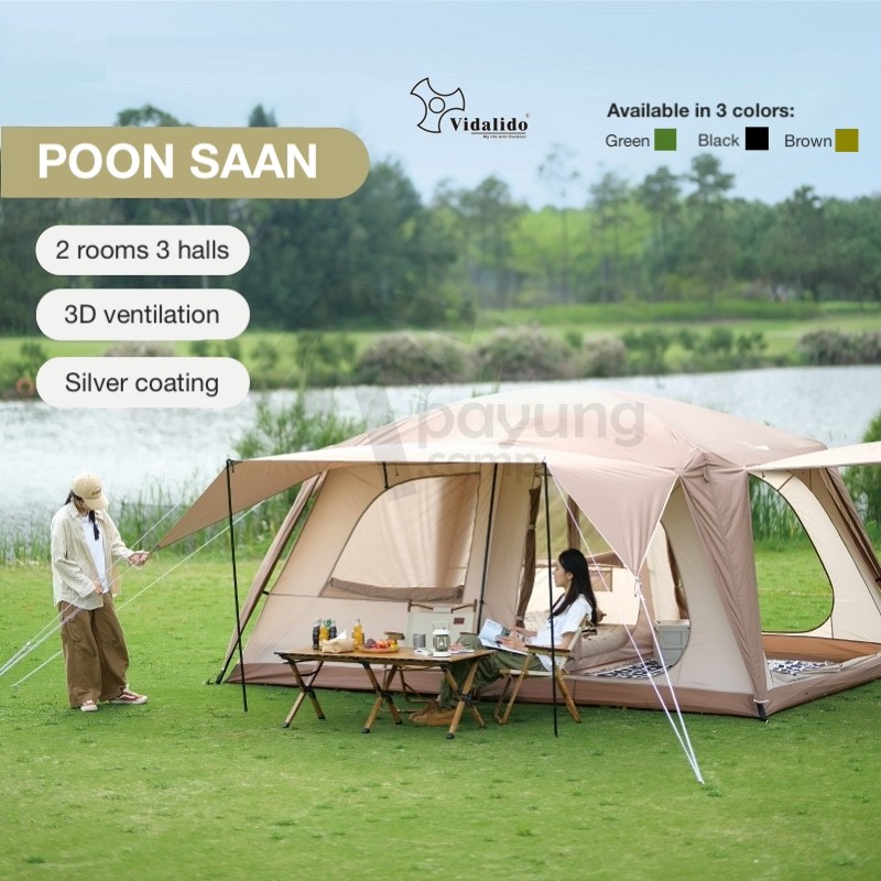 VIDALIDO Poon Saan Villa / XP Family Camping Tent 2 Rooms 4-8 Person Manual Tent M / L