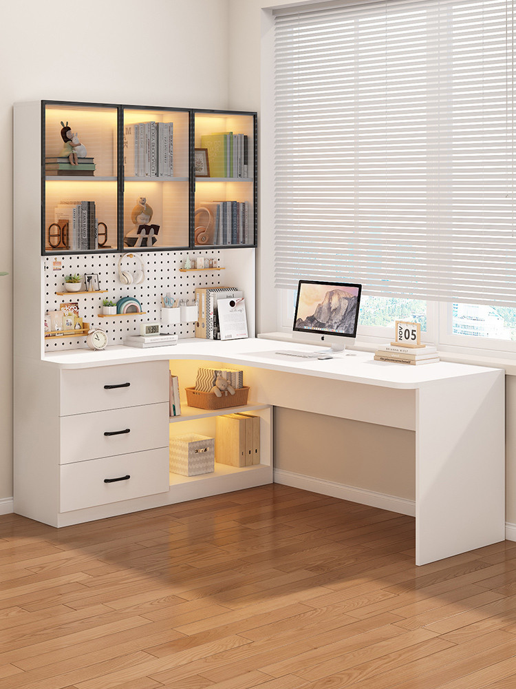 Integrated Wood JY Solid Desk Bookshelf Desk Corner Computer Desk Bedroom Home Simple Office Desk Writing Desk Gaming Desk JY