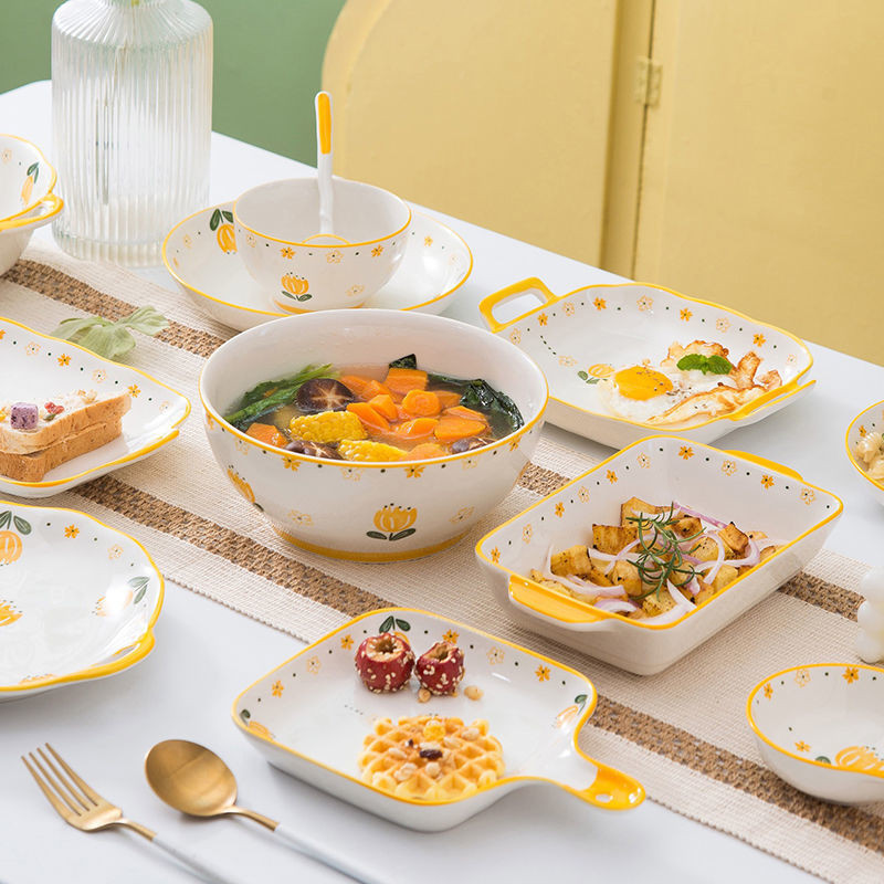 Ceramic Dish Set High Temperature Resistant Rice Bowl Korean Style Round Dish Plate Tableware Tableware